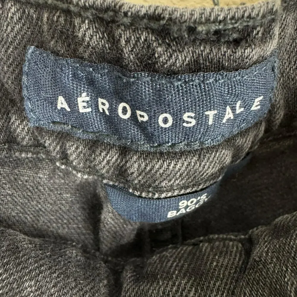 Aeropostale 90s Baggy Black Cotton High Rise Distressed Button Fly Jeans Retro 4
